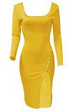 Khaki Women Autumn Square Neck Bodycon Sexy Split Solid Color High Waist Mid Dress Q934-2