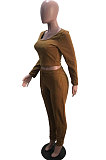 Coffee Simple Long Sleeve Low-Cut Crop Top Long Pants Solid Color Sport Sets YSH6209-4