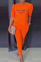 Orange Modest Offset Printing Puff Sleeve Round Neck T-Shirt With Pocket Pencil Pants Pure Color Two-Piece ALS197-4
