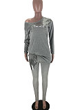 Gray Casual Sequins Long Sleeve Round Neck Loose Top Bodycon Pants Two-Piece TZ10863-2