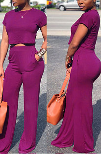 Purple Red Euramerican Sexy Women Dew Waist Short Sleeve Pocket Pure Color Pants Sets KF61-4