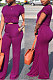 Purple Red Euramerican Sexy Women Dew Waist Short Sleeve Pocket Pure Color Pants Sets KF61-4