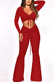 Black Women Autumn Winter Ribber Solid Color Shirred Detail V Collar Sexy Tiny Flared Pants Sets Q921-3
