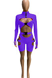 Purple Women Club Wear Hollow Out Solid Color Buckle Long Sleeve Sexy Romper Shorts Q940-3