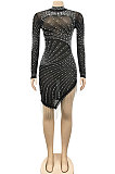Black Night Club Mesh See-Through Hot Drilling Tassel Long Sleeve Round Collar Slim Fitting Mini Dress XZ5216-1