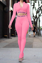 Pink Simple Women Letter Print Long Sleeve Zipper Crop Top Bodycon Pants Slim Fitting Two-Piece ALS209-5