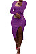 Purple Women Autumn Square Neck Bodycon Sexy Split Solid Color High Waist Mid Dress Q934-5