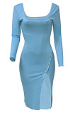 Sky Blue Women Autumn Square Neck Bodycon Sexy Split Solid Color High Waist Mid Dress Q934-9