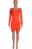 Orange Euramerican Women Long Sleeve Shirred Detail Fashion Pure Color Tight Mini Dress Q926-1