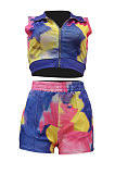 Blue Yellow Women Printing Tie Dye Cardigan Zipper Sexy Casual Shorts Sets ZZ762-5