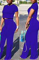 Dark Blue Euramerican Sexy Women Dew Waist Short Sleeve Pocket Pure Color Pants Sets KF61-9