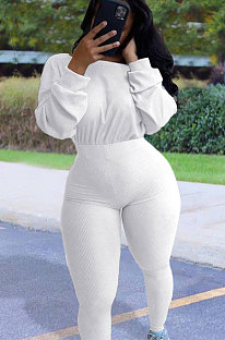 White Simple Wholesal Ribber Long Sleeve Round Neck Collcet Waist Pure Color Sport Jumpsuits YSH6183-1