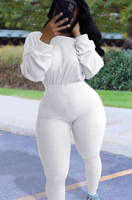 White Simple Wholesal Ribber Long Sleeve Round Neck Collcet Waist Pure Color Sport Jumpsuits YSH6183-1