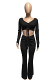 Black Women Autumn Winter Ribber Solid Color Shirred Detail V Collar Sexy Tiny Flared Pants Sets Q921-3