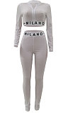 White Simple Women Letter Print Long Sleeve Zipper Crop Top Bodycon Pants Slim Fitting Two-Piece ALS209-4