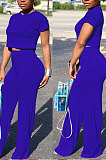 Light Blue Euramerican Sexy Women Dew Waist Short Sleeve Pocket Pure Color Pants Sets KF61-8