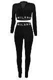 Pink Simple Women Letter Print Long Sleeve Zipper Crop Top Bodycon Pants Slim Fitting Two-Piece ALS209-5