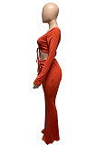 Dark Orange Women Autumn Winter Ribber Solid Color Shirred Detail V Collar Sexy Tiny Flared Pants Sets Q921-4