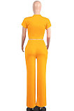 Yellow Euramerican Sexy Women Dew Waist Short Sleeve Pocket Pure Color Pants Sets KF61-1