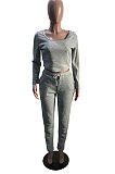 Black Gray Simple Long Sleeve Low-Cut Crop Top Long Pants Solid Color Sport Sets YSH6209-1