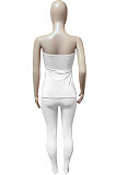 White Women Ribber Solid Color Strapless Split Tops Long Pants Casual Two-Pieces Q935-1