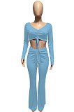 Light Blue Women Autumn Winter Ribber Solid Color Shirred Detail V Collar Sexy Tiny Flared Pants Sets Q921-2