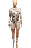 Pink Autumn Winter Women Wave Printing Zipper Slim Fitting Long Sleeve Sexy Bodycon Jumpsuits Q937-1