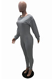 Gray Simple Wholesal Ribber Long Sleeve Round Neck Collcet Waist Pure Color Sport Jumpsuits YSH6183-4
