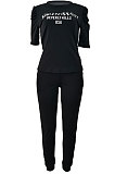 Black Modest Offset Printing Puff Sleeve Round Neck T-Shirt With Pocket Pencil Pants Pure Color Two-Piece ALS197-3