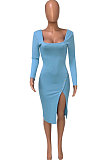 Sky Blue Women Autumn Square Neck Bodycon Sexy Split Solid Color High Waist Mid Dress Q934-9