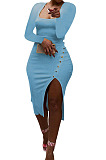 Black Women Autumn Square Neck Bodycon Sexy Split Solid Color High Waist Mid Dress Q934-7