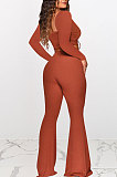 Red Women Autumn Winter Ribber Solid Color Shirred Detail V Collar Sexy Tiny Flared Pants Sets Q921-1