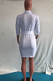 White Euramerican Women Trendy Sexy Turn-Down Collar Pure Color Tied Mini Dress OMY80039-1