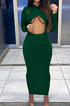 Drak Green Sexy Cotton Blend Long Sleeve Strapless Hollow Out Solid Color Bodycon Dress DR88122-1
