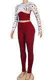 Red Euramerican Fshion Casual Crop Round Collar Long Sleeve Color Matching Pants Sets KF232-1