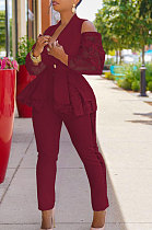 Wine Red Modest Sexy Lace Spliced Long Sleeve Lapel Neck Coat Long Pants Solid Color OL Sets TK6197-2