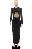 Black Sexy Cotton Blend Long Sleeve Strapless Hollow Out Solid Color Bodycon Dress DR88122-3