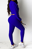 Blue Women Pure Color Long Sleeve Round Collar Fashion Sport Pants Sets AMM8191-4