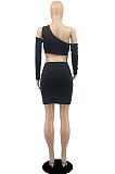 Black Autumn New Long Sleeve Oblique Shoulder Hollow Out Mini Dress DR88121-3