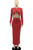 Red Sexy Cotton Blend Long Sleeve Strapless Hollow Out Solid Color Bodycon Dress DR88122-2