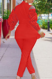 Red Modest Sexy Lace Spliced Long Sleeve Lapel Neck Coat Long Pants Solid Color OL Sets TK6197-1
