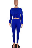 Blue Women Pure Color Long Sleeve Round Collar Fashion Sport Pants Sets AMM8191-4