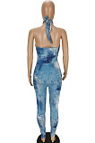 Light Blue Women Skinny Bandage Sexy Printing Hallter Neck Backless Bodycon Jumpsuits ANK06024