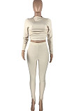 Euramerican Women Autumn Winter Backless Shirred Detail Ribber Split Pure Color Club Casual Pants Sets HAA9093-1