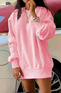 Pink Euramerican Women Pure Color Long Sleeve Round Collar Loose Waist Mini Dress AMM8365-2
