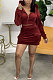 Wine Red Women Fashion Long Sleeve Solid Color Zipper Hooded Tops Korea Velvet Pocket Skirts Sets AA5278-4