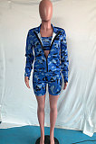 Blue Women Fashion Casual Camo Printing Tanks Coat Three Pieces OMY80052-3