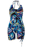 Blue Women Sexy Condole Blet Tie Dye Bandage Hallter Neck Hollow Out Digital Printing Romper Shorts ZZ2131-3