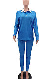 Blue Autumn Women Long Sleeve Lapel Neck Jumper Pencil Pants Loose Casual Sets TK6195-5