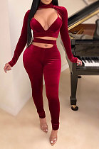 Wine Red Pleuche Women Long Sleeve Strapless High Waist Bodycon Pants Sexy Two-Piece E8551-2